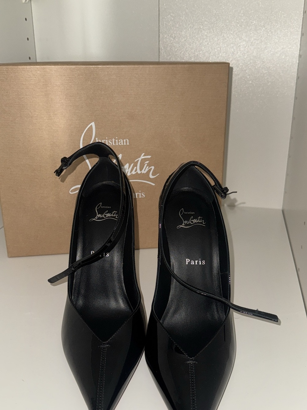 Christian Louboutin Black Pointed Ankle-Strap Pumps with Wrap Detail